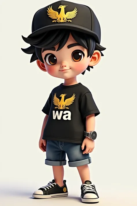  Draw a picture of a boy , He has black hair,  wearing a black cap with a design of a golden phoenix,  black shirt written WA Print , denim shorts and sneakers  