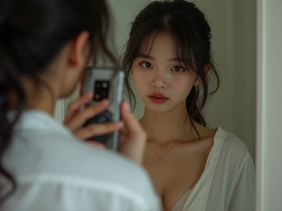 No underwear, wearing a shirt, Japanese woman, attractive, taking a picture of herself in the mirror with her smartphone, showing from the lips down, sexy, photo-like