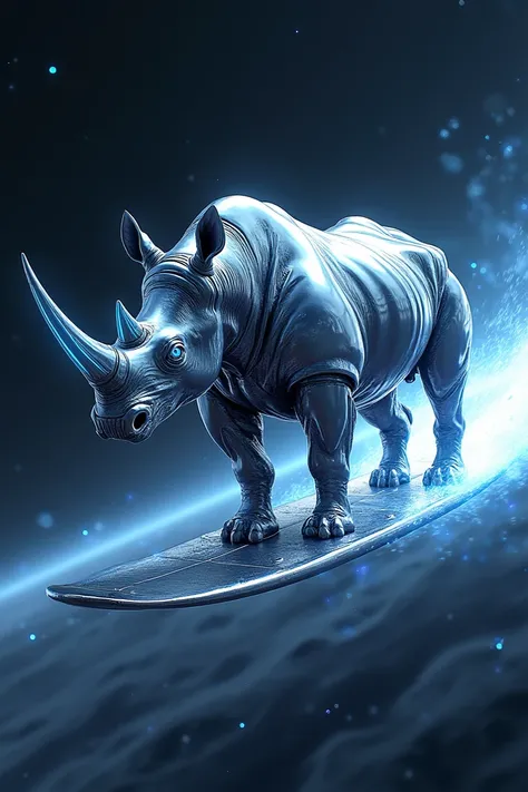 Imagine a powerful rhino with a sleek, metallic silver body. Its skin shines like polished chrome, reflecting light as it surfs through space on a futuristic cosmic board. The rhinos horn is elongated and glowing with cosmic energy, and its eyes radiate an...