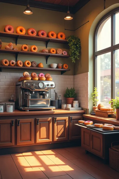 A cute simple little donut shop with a coffee machine