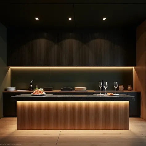  SUSHI BAR WITH BLACK GRANITE COUNTERTOP, OLIVE GREEN WOOD BASE 