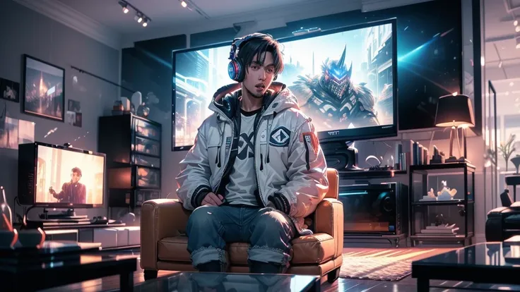 In an upscale living room, a handsome man in a white down jacket and jeans is holding a game controller and headphones around his neck, yelling into a TV monitor connected to a home gaming console.
On the monitor, a giant monster is rampaging through the g...