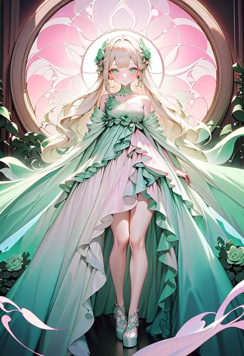 (masterpiece, best quality), A graceful female character holding a glowing, ornate staff with iridescent energy flowing from it. Albino, white hair, white eyebrows,,She has a soft and delicate appearance with wavy, light blonde hair framing her face. Her o...