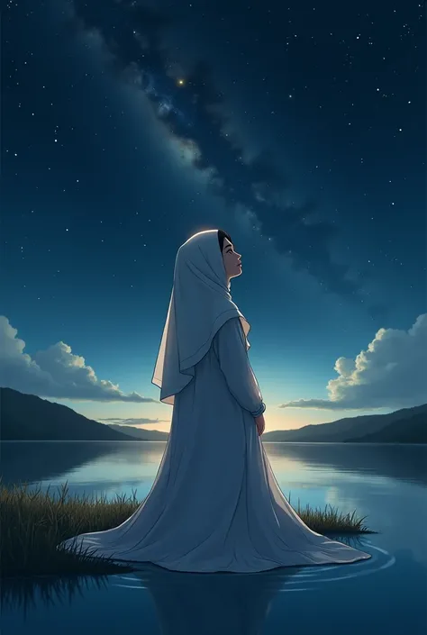 Anime style, beautiful woman, sitting on grass, wearing niqab, muslimah, dark background, sky full of bright stars, looking up to sky, melancholic, view from behind, standing on water, long white dress