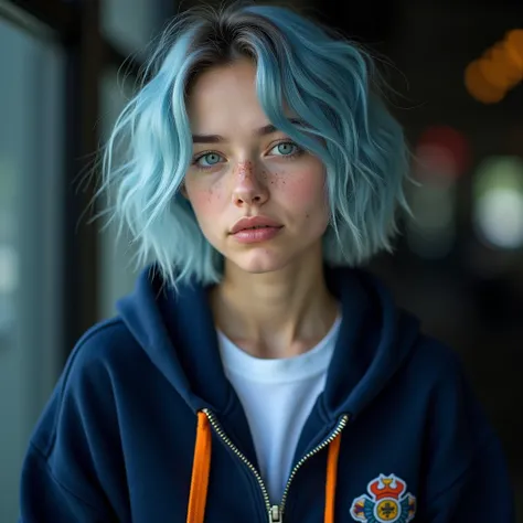 A young woman with icy-blue hair styled in a slightly messy, shoulder-length textured look, exuding a cool and contemporary vibe. She has striking, vivid blue eyes that stand out against her fair skin, which is lightly dusted with freckles. Her expression ...