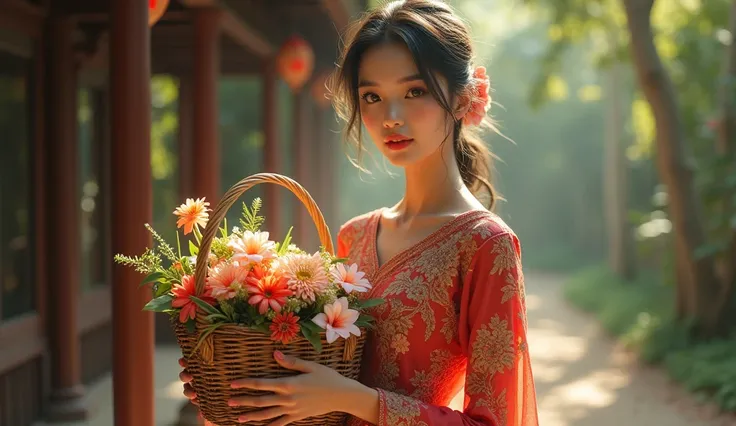 a beautiful woman dressed in a kebaya, carry flowers in a basket bag