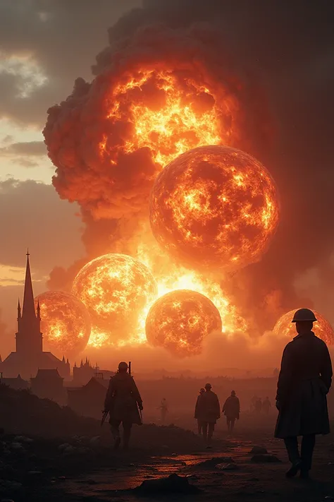 Generate me a picture with explosions appropriate to the start of the First World War and sola dates and church bell