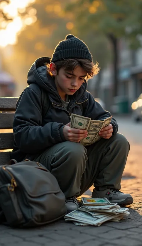 Le jeune homme, un peu obèse, assis sur un banc en bois usé, semble absorbé par une tâche précise : compter des billets de dollars. Autour de lui, l’environnement est simple, peut-être une rue calme ou un coin de parc, avec des sons lointains d’une ville q...