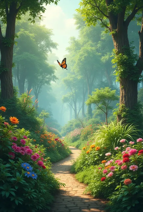 Beautiful plants in big garden with beautiful butterfly 