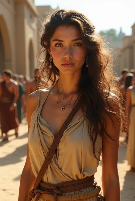  Create an ultra-realistic image of an Israelite woman born 4,000 years ago. she is young, is 22 years old, It has an inexplicable beauty, brown hair,  white but sunburned skin ,  brown-green eyes and a modest antique dress, lined around her neck .  Put he...