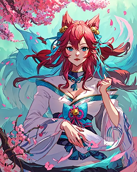 1 Girl,  unique ,  digital art, Super Fine, Ahri, Ahri (League of Legends), Potassium/and (League of Legends), Spirit Blossoms  (League of Legends),