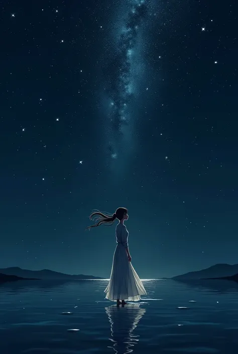 Anime style, beautiful woman, muslimah, dark background, sky full of bright stars, big shiny stars, looking up to sky, melancholic, view from behind, standing on water, white dress, reflection on water