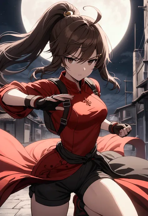 　 ponytail　Dark brown hair　Slanted Eyes　Active　Too much exposure　 chest is slightly open　Thighs exposed　 shorts　The chest is a little small　Fighting Suit　Eyes are dark brown　Front drape on the waist　Fingerless gloves　Ahoge　Long bangs　A relaxed look　A deter...