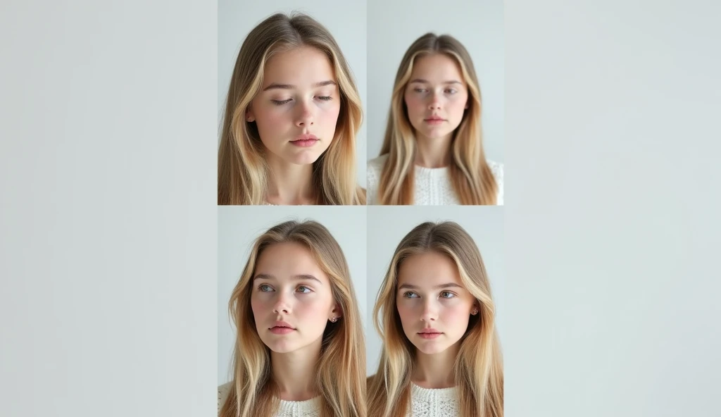 A portfolio sheet featuring a young woman with a shy face, full lips, and delicate features, long blonde hair, captured in realistic photography. The composition includes multiple views from various angles, highlighting her visible face against a simple, n...