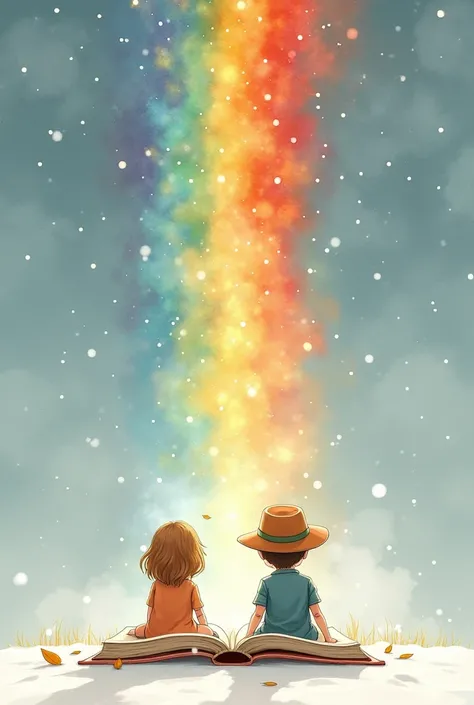  girl and  boy from the back with a hat,  sitting on the ground look in wonder at the rainbow that comes out of a book on the ground, Snow glitter is falling from the sky ,  the rainbow looks like fireworks in the sky , realistic watercolor style