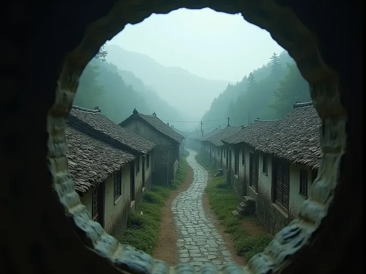 Design a Scene：Viewpoint :  Wide angle :  Overlooking lens Description :  Camera overlooks Cheliao village ， The view of the ancient village is reflected in the eye curtain ， Tannoma leads to a well， A small road around several traditional buildings ， The ...