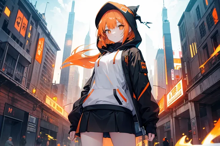  High Quality　 best quality　masterpiece　 super detailed　Illustration　 one girl　Tall　 orange short bob　Small breasts　orange pupils 　Black Cap　 light blue hoodie　　white　 black miniskirt 　 black tights