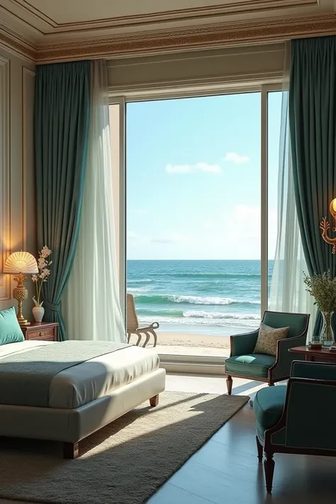  Create a hotel room in the classic style, on the beach with references to Poseidon 