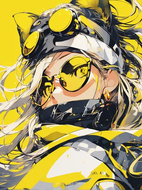 An anime girl wears sunglasses in her hair,   Gwaze style artwork  ,  digital illustration style ,  Anime Style Illustration ,  Anime Style 4k , Yellow Eyes, Sparkling Eyes,  anime style . 8k, Written by Ku Lei Lei, author： hero, Persona 5 art style wlop