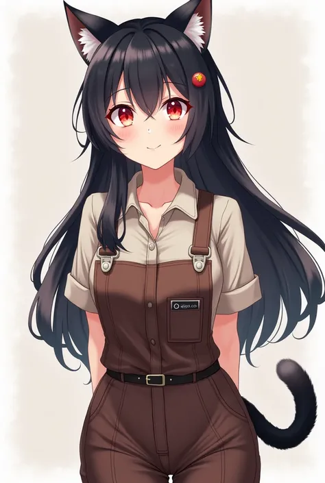  Anime woman cat black hair, workwear  ,happy face , red eyes ,🫶