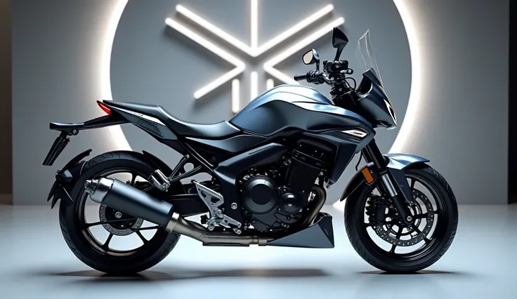 Generate a high-resolution, fully realistic image of a ( 2025 Yamaha Tenere 700 ) in ( Color ) , with a sleek and modern exterior, futuristic wheels, and a shimmering body color, displayed in a luxurious showroom with a large logo on the back wall. The ima...