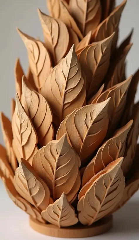 Close-up of a wooden sculpture with intricate leaf details.