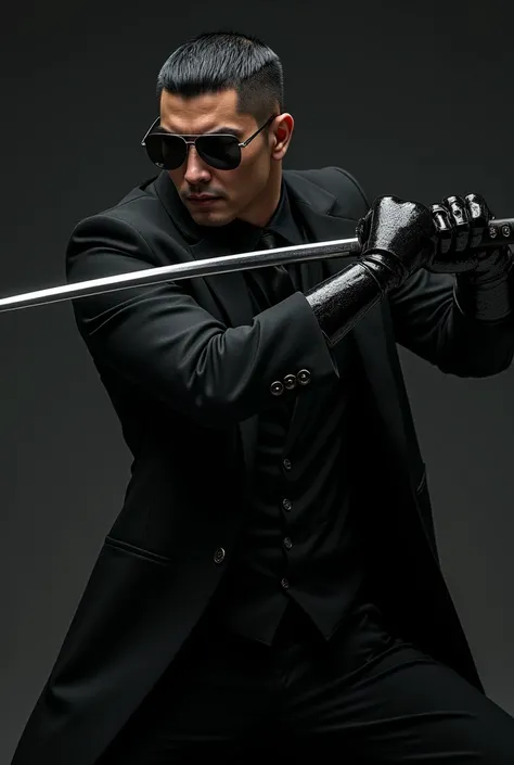 Japanese man, sunglasses, black suit, short black hair, with a katana doing a samurai pose. Black steel mechanical hands 