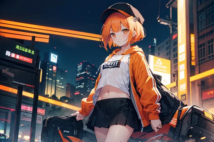  High Quality　 best quality　masterpiece　 super detailed　Illustration　 one girl　Tall　 orange short bob　Small breasts　orange pupils 　Black Cap　 light blue hoodie　 white t-shirt 　 out of your belly button　 black miniskirt 　 black tights