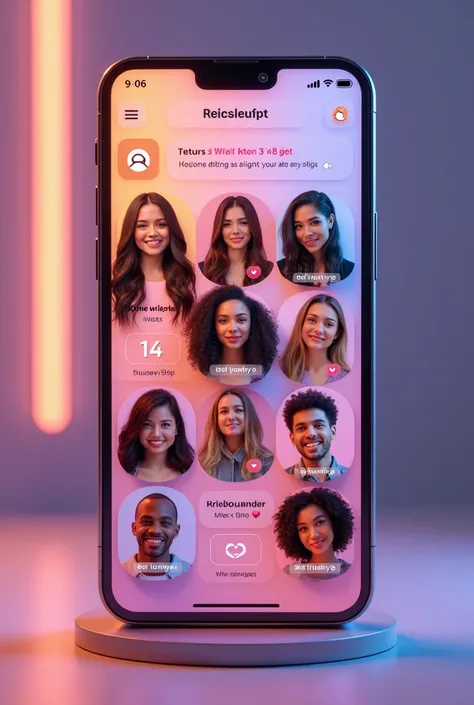 Cell phone screen of a matching app with human faces and reviews