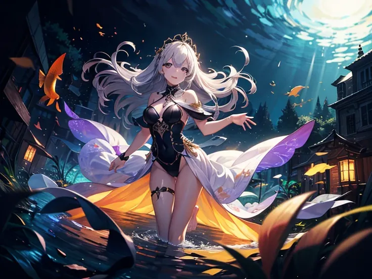  1 girl, [( transparent background:1.5)::5],(((masterpiece))),((( best quality))),((( Very detailed))),Illustration, Alone,Mysterious,vivid color,Sparkling, 水中透明密封半球ガラスdome, (Gray Hair),( purple eyes), whole body,barefoot,Long hair quiet nature, carp, unde...