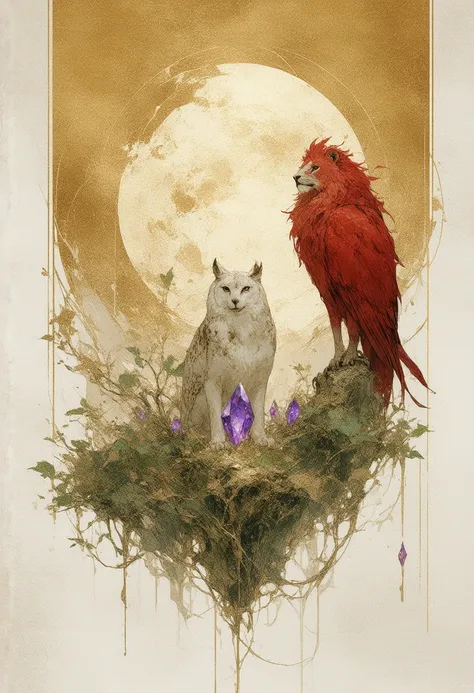  The image shows a stylized Lion perched on a red leaf, with a purple gemston RUBBY next to it. The owl is surrounded by a green leafy plant with a purple gemstone at its center. The text KANG RIAN" The background features a golden curtain with a floral pa...