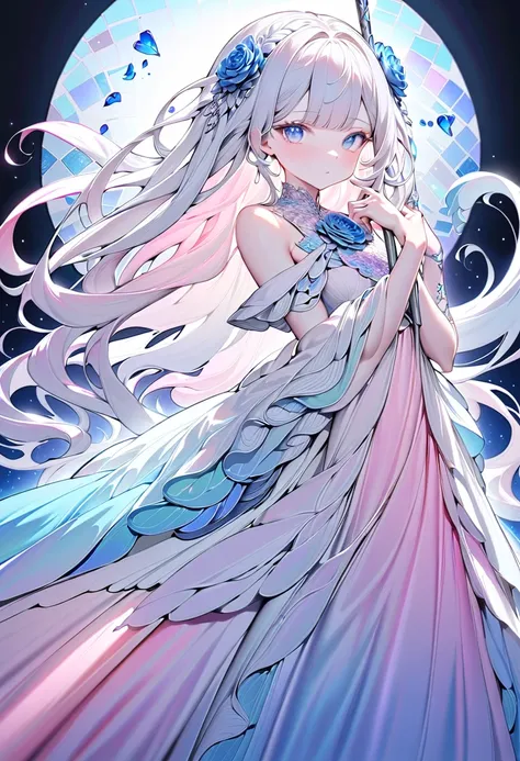 (masterpiece, best quality), A graceful female character holding a glowing, ornate staff with iridescent energy flowing from it. Albino, detailed cute face, white eyebrows,,She has a soft and delicate appearance with wavy, light silver hair framing her fac...