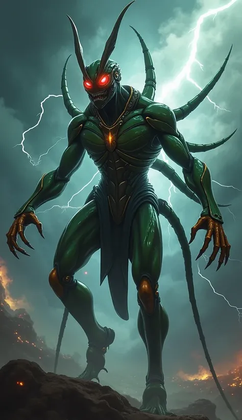 "Create a hybrid creature that combines the features of Vision and Mantis into one monstrous, dangerous entity. The creature should have the sleek, robotic elements of Vision, like glowing red eyes, a metallic body, and angular features, fused with Mantis’...