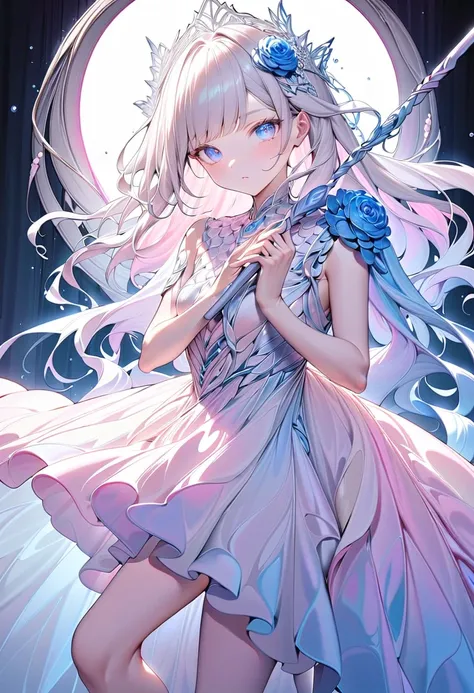 (masterpiece, best quality), A graceful female character holding a glowing, ornate staff with iridescent energy flowing from it. Albino, detailed cute face, white eyebrows,,She has a soft and delicate appearance with wavy, light silver hair framing her fac...