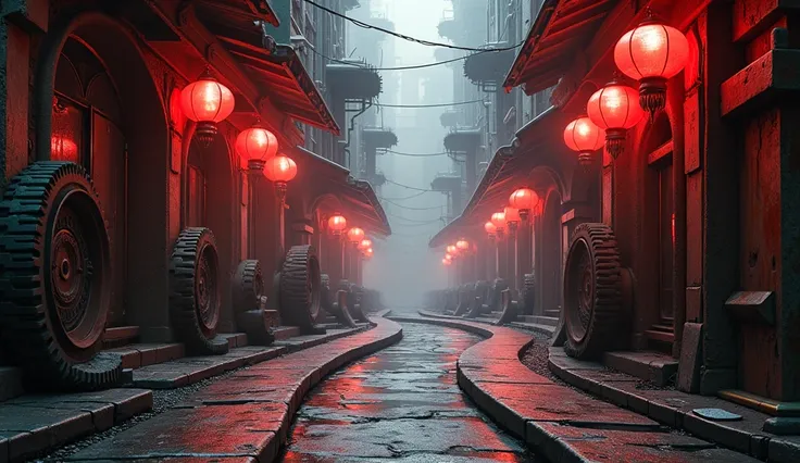 A narrow, sinuous street ,  with sidewalks made of polished metal and gears that rotate continuously.  Red lanterns hanging over the buildings ,  emitting a constant glow .