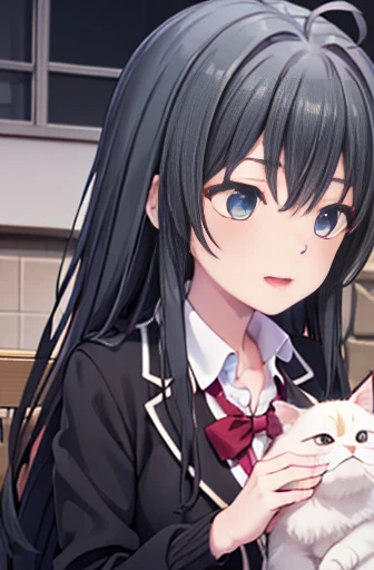 Yukino, Yukino Yukino , １Woman and calico cat, black hair,  blue eyes, Long Hair, Ahoge,,smile,幸せな雰囲気
break blazer,  cardigan,  jacket, Check pattern, Check pattern  skirt,  school uniform,  skirt, sobu high  school uniform,Squat down and play with the cat...