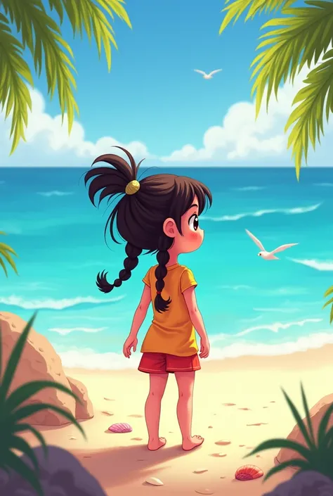 Girl facing back in beach cartoon
