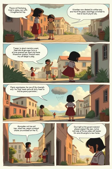  Create this comic :
 First page :
Vignette 1:  A house in a small Italian town . in the foreground,  a girl of about two years old plays in a yard .
 Narrative text :  “I was born in Italy ,  although I barely have memories . but,  even though I didnt kno...