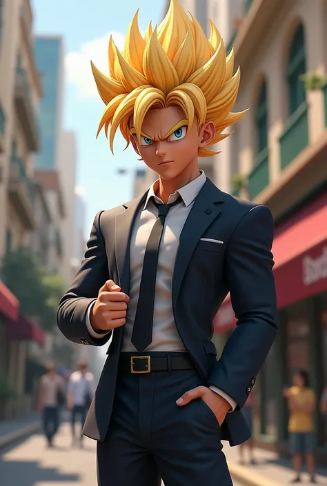  Create a GIF of a Dragon Ball character in 3D with these characteristics :

• Rushed and multitasking :  Paulista residents are often associated with a fast pace of life ,  driven by work .  x} Its common to think that they are always in a hurry and divid...