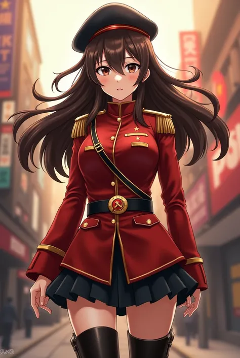  A mature anime girl wears a uniform inspired by the communist style ,  reflecting her determination and strength of character .  She wears a red military jacket with golden details ,  adorned with stars and symbols that evoke revolutionary ideals . a blac...