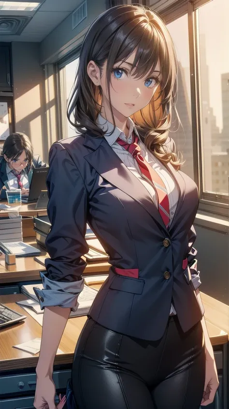 A woman with a slender body, Straight hair,  Wearing a suit ,  In a modern office environment 