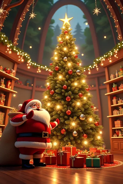 Magasin  de Noel avec sapin scintillant avec hotte remplie de cadeaux au pied style disney