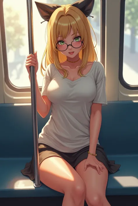  top quality, masterpiece, beautiful breasts, good ass, beautiful legs, beautiful girl, riding the subway, Belarusian model,  beautiful woman, 28 years old, blonde, t-shirt, Mini skirt, glasses, milf ,(Sensual: 1.2), anime, hentai 