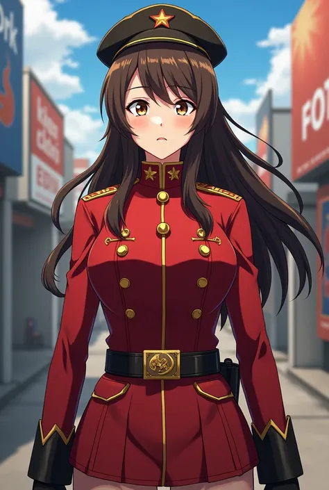  A mature anime girl wears a uniform inspired by the communist style ,  reflecting her determination and strength of character .  She wears a red military jacket with golden details ,  adorned with stars and symbols that evoke revolutionary ideals . a blac...