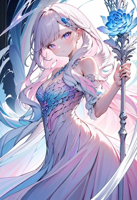 (masterpiece, best quality), A graceful female character holding a glowing, ornate staff with iridescent energy flowing from it. Albino, detailed cute face, white eyebrows,,She has a soft and delicate appearance with wavy, light silver hair framing her fac...