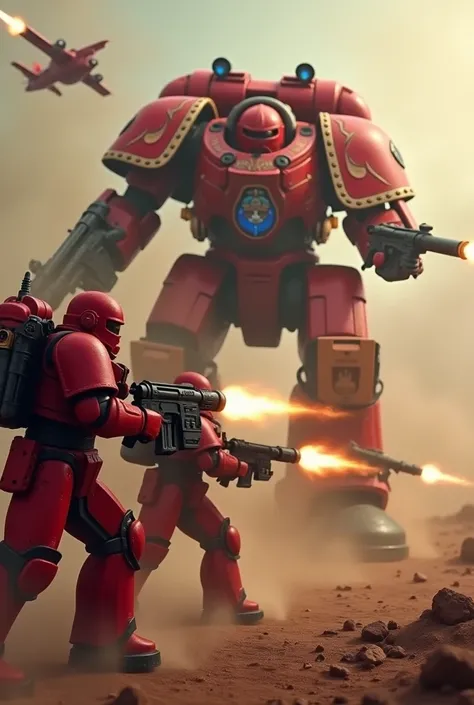  lor warhammer40k triple exposure ,  in the foreground, three space marines with bolters in a knee-shooting position in red armor are shooting from the knee in different directions,  combat rage particle dynamics ,  takes off in the background, a red dread...