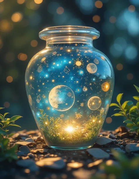  Glass Jar Closeup ,  Starry Sky in the Tank ,  Microcosm ,  twinkling stars,  Colorful Nebula , galaxy, Cosmic Dust ,  glass reflection ,  Curved Surface Distorted , Background starry sky, contrast, depth, magic,  Ethereal Light ,  super detailed, Dark ba...