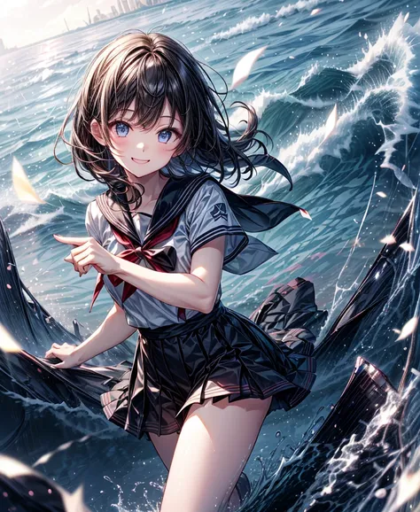  one girl who is at ease、 black short hair、 sailor suit 、The best smile、 Lens Flare、