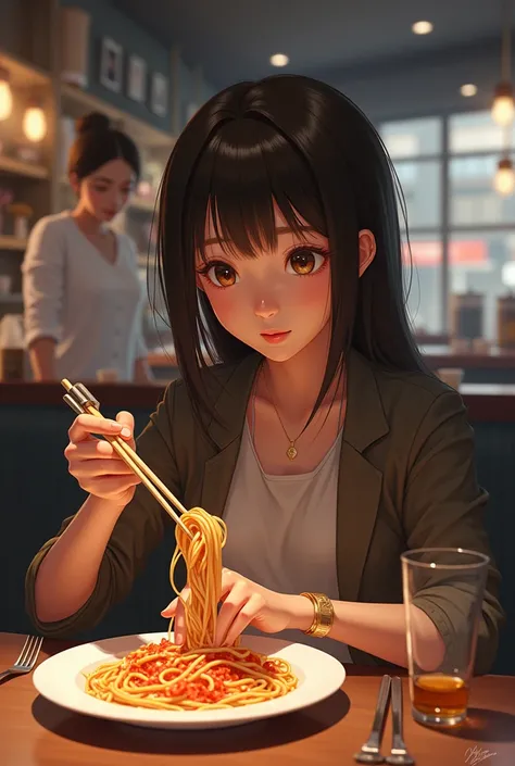  Minja sitting in a restaurant eating spaghetti with Chinese sticks, There are narrow pieces of metal on the table ,  the waitress is taking another order of beer 