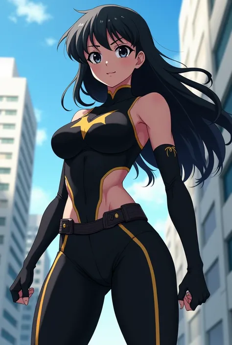 My Hero Academia style , Anime girl, female, young female ,    full body shot  ,(Fighting pose:1.3),  Long hair, Black Hair,    Black Eyes   ,  hero suit, Full Body Suit, Black suit, perfect anatomy, Super detailed, Toughened Abs,( building :1.2）